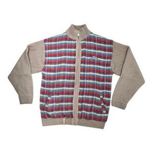 LRG Knit Sweater Jacket L Beige Multi Stripe Front Zip-Up Pockets Lined Rare